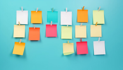 A wall covered in colorful sticky notes with a blue background - obrazy, fototapety, plakaty