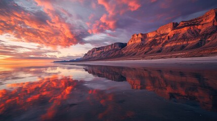 Seaside cliffs cast enchanting reflections on the beach, a mesmerizing twilight scene. Ai Generated. - obrazy, fototapety, plakaty