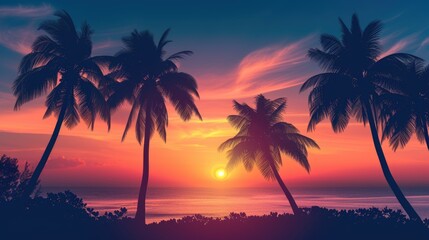 Fototapeta na wymiar Palm trees cast captivating shadows against the vibrant hues of a tropical sunrise or sunset. Ai Generated.