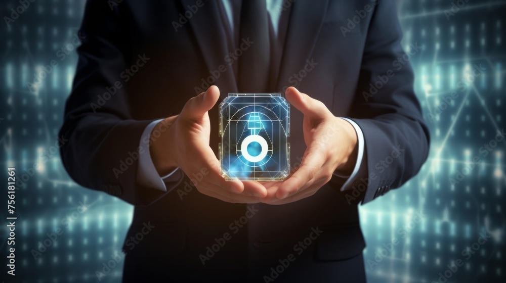 Poster businessman holding security button on virtual screens, technology internet and networking concept