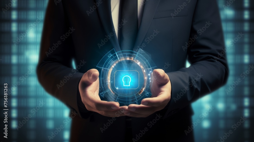 Poster businessman holding security button on virtual screens, technology internet and networking concept
