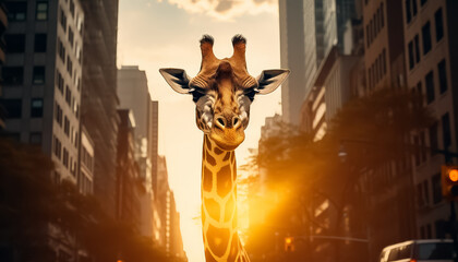 A giraffe is standing in the middle of a city street - obrazy, fototapety, plakaty