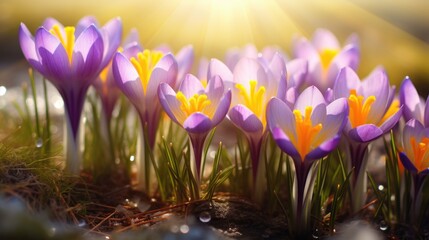 Bright yellow and purple crocuses adorned with sparkling water droplets bask in the glowing...