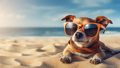 A dog is wearing sunglasses and laying on the beach