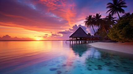 A colorful sunset paints the sky over the ocean in the Maldives, creating a breathtaking and serene...