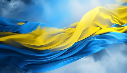 A flag with blue and yellow stripes is shown in a blurry, hazy atmosphere - obrazy, fototapety, plakaty