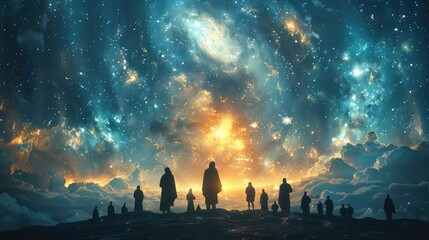 Celestial Choir, Visualize a heavenly choir singing praises to the divine, their voices echoing through the cosmos in perfect harmony - obrazy, fototapety, plakaty