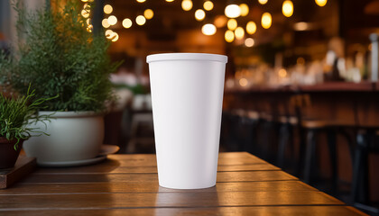 A white cup sits on a table in front of a restaurant - obrazy, fototapety, plakaty