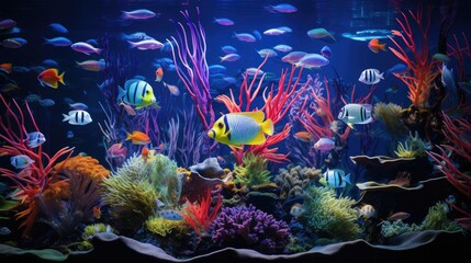 Ornamental fish with vivid stripe patterns swim gracefully in a school, Ai Generated.