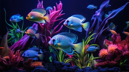 Fototapeta na wymiar Ornamental fish with vivid stripe patterns swim gracefully in a school, Ai Generated.