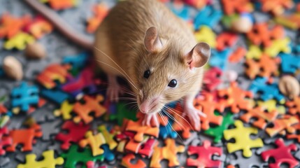 Adorable rat solving puzzle with enthusiasm, Ai Generated. - obrazy, fototapety, plakaty