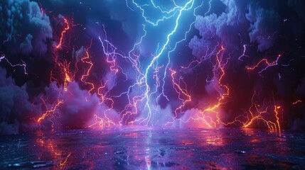 Dynamic 3D rendering of a colorful lightning strike, electrifying the scene. Ai Generated