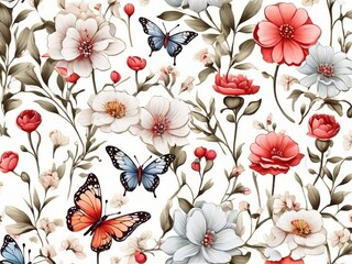 Seamless pattern with flowers and butterflies. Watercolor illustration.