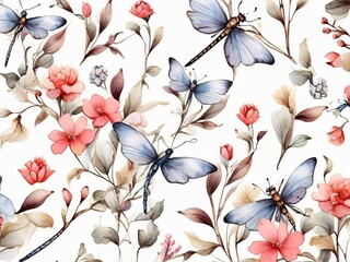 Seamless pattern with watercolor butterflies and flowers. Hand-drawn illustration.