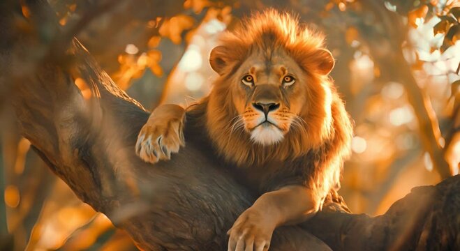 well dressed lion, sitting in a big African tree, detailed photography, Beautiful back Lighting, lot of light, Epic beautiful scene, cinematic, post production, depth of field, cinema