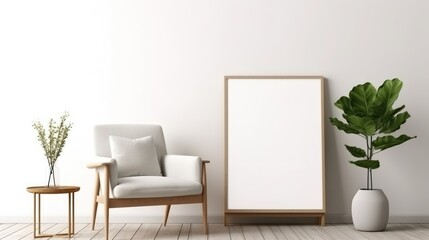 Aesthetic living room interior with minimalist composition features a mock-up poster frame. Ai Generated