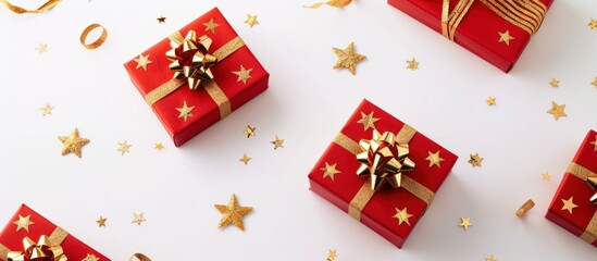 gift box with gold ribbon and gold stars around the gift box