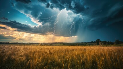 Rainy clouds and lightning create a captivating scene over a beautiful rural area before the storm. Ai Generated.