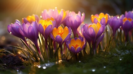 Bright yellow and purple crocuses adorned with sparkling water droplets bask in the glowing...
