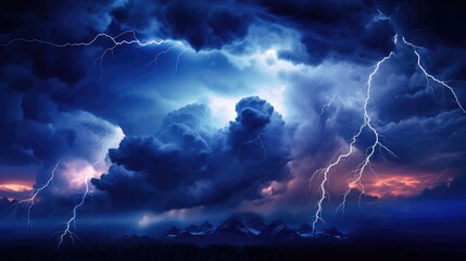 A dramatic view captures a thunderstorm with fierce lightning bolts piercing through the dark, Ai Generated.