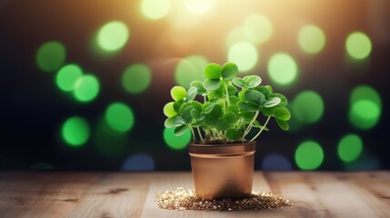 A green clover plant sits in a pot on a wooden table, with a bokeh light background, creating a serene and enchanting setting. Ai Generated.