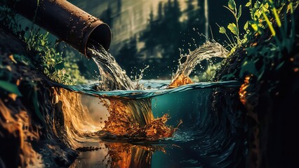 the downpipe of an industrial enterprise discharges dirty water into clean water in a stream - obrazy, fototapety, plakaty
