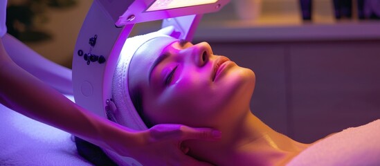Woman having LED light therapy for skin care on face at beauty doctor or spa resort.