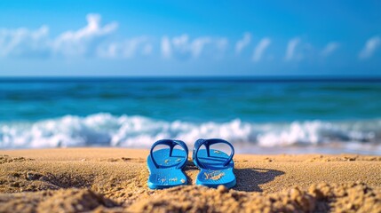 A pair of flip-flops stands in the sand at the beach, with the vast ocean creating a serene backdrop. Ai Generated - obrazy, fototapety, plakaty