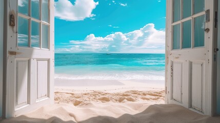 An opened door at the sandy beach reveals a captivating sea view, inviting moments of contemplation and relaxation. Ai Generated