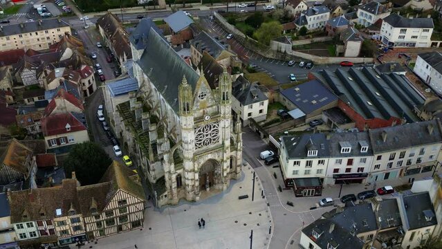 Notre Dame Collegiate in Vernon historic center, Normandy in France. Aerial top-down view