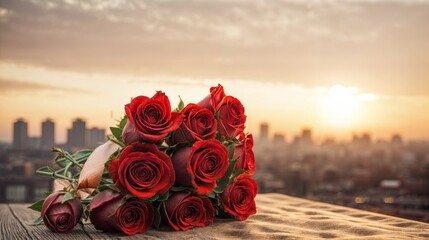 Bouquet of red roses on wooden table with city view background - Powered by Adobe