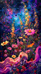 phone wallpaper of a field of flowers, The vibrant, swirling colors reminiscent palette dance across the canvas, infusing the scene with dynamic energy. Integrate the sharp, geometric lines characteri