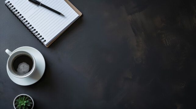 Fototapeta minimalist branding photo , desk, notebook, one cup of coffee, strong contrast aesthetic