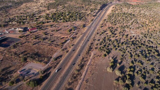 Aerial View of Traffic on Arizona USA 89A State Route Freeway Between Prescott and Flagstaff, Drone Shot