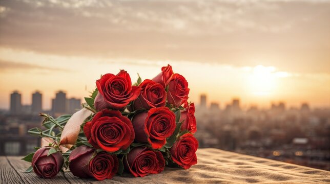 Bouquet of red roses on wooden table with city view background