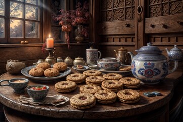 Obraz na płótnie Canvas Still life with cookies and tea in the interior of the country house