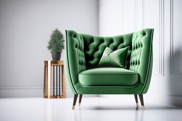 Modern luxury green armchair in the light pastel colors room. Generative AI	

