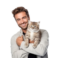 man with cat isolated on white