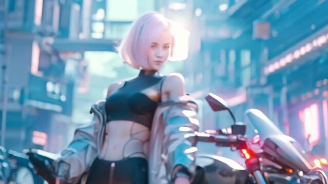 robot girl next to motorbike