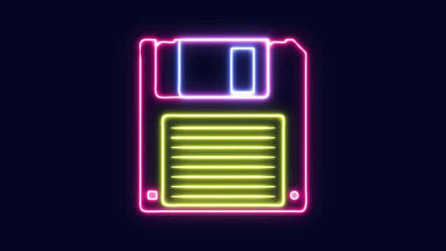 Animation: the neon outline of a floppy disk appearing and disappearing while rotating, against a dark blue backdrop. Hues like pink, purple, and yellow enhance the vaporwave aesthetic.