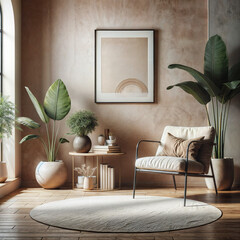 a living room with a chair and a potted plant, a stock photo  featured on shutterstock, minimalism, stock photo, stockphoto, minimalist