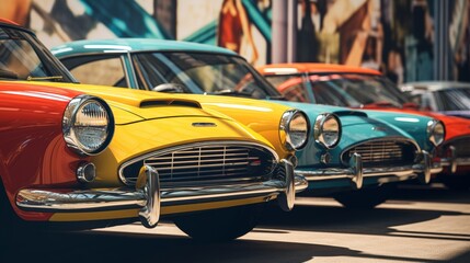 A vibrant lineup of classic muscle cars, boasting lustrous paint and chrome details, symbolizes American automotive history and culture - obrazy, fototapety, plakaty