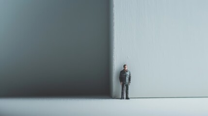 Miniature business men stand in front of neutral background
