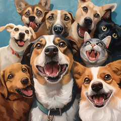 Joyful Canine Friends Posing for a Group Selfie, Generative AI