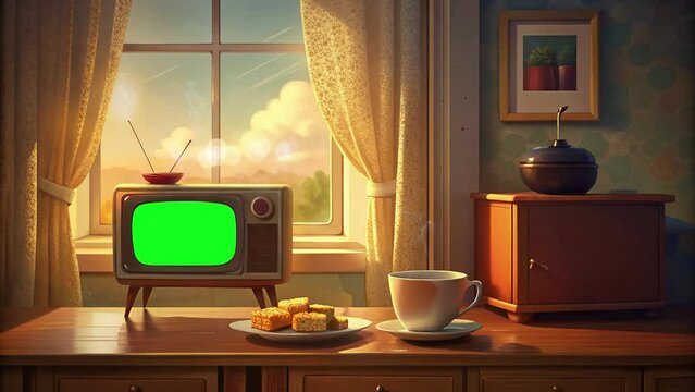 an old school small tv with a green screen and a cup of warm coffee and a plate of cake