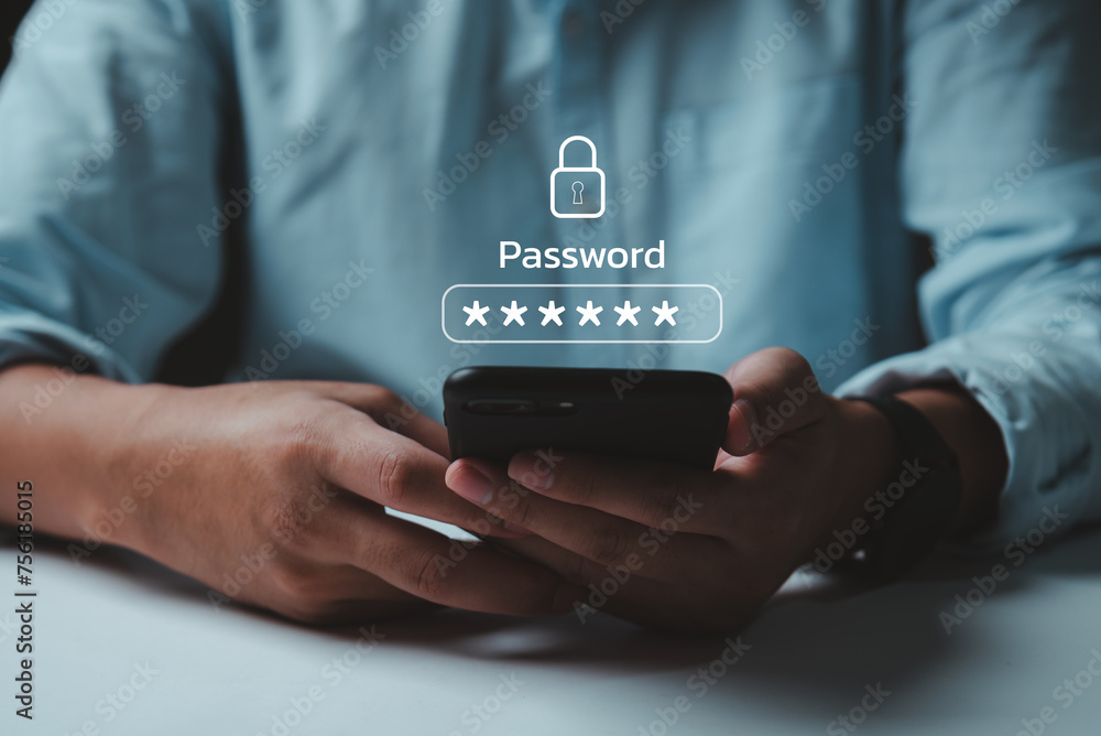 Aufkleber businessman using mobile phone password cyber security identity theft and cloud network system appli
