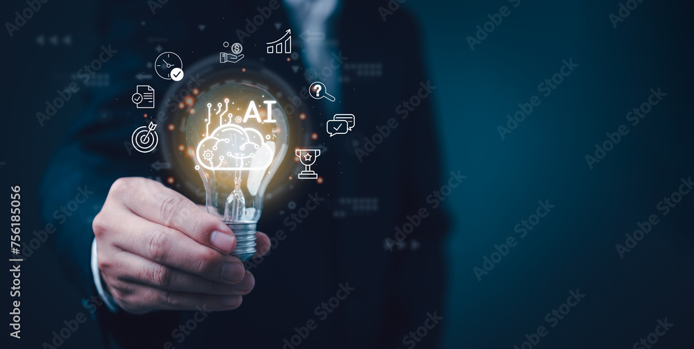 Poster a person holds a light bulb with ai and innovation icons holographically projected around it. the im
