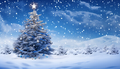 snowy pine tree in winter, in the style of bokeh panorama, Christmas background, fir tree and snow