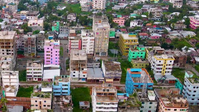 Aerial of multicolour building neighbourhood in Dhaka, Bangladesh