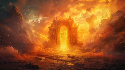 Zelfklevend Fotobehang Golden Gates of Eternity, Depict the majestic gates of heaven bathed in golden light, welcoming souls into the eternal realm beyond © Pornfa